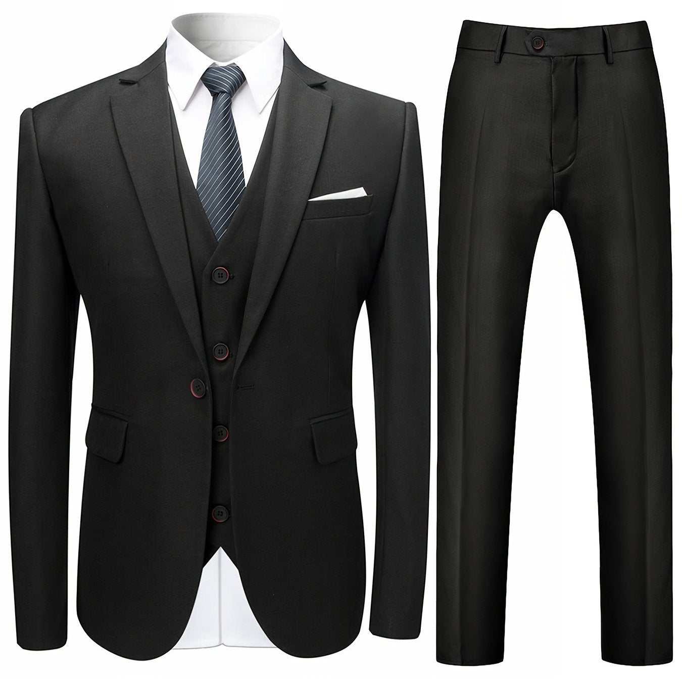 Elegant 3pc Mens Suit Set - Single-Button Blazer, Tailored Vest & Trousers - IdealExpress Global Mart  customizedMaterial:PolyesterDetails:PocketPattern:Solid colorSheer:NoFabric:Non-StretchCollar Style:LapelSeason:AllOperation Instruction:Dry cleanStyle:WorkFit Type:RegularTopElegant 3pc Mens Suit Set - Single-Button Blazer, Tailored Vest & TrouCartifind