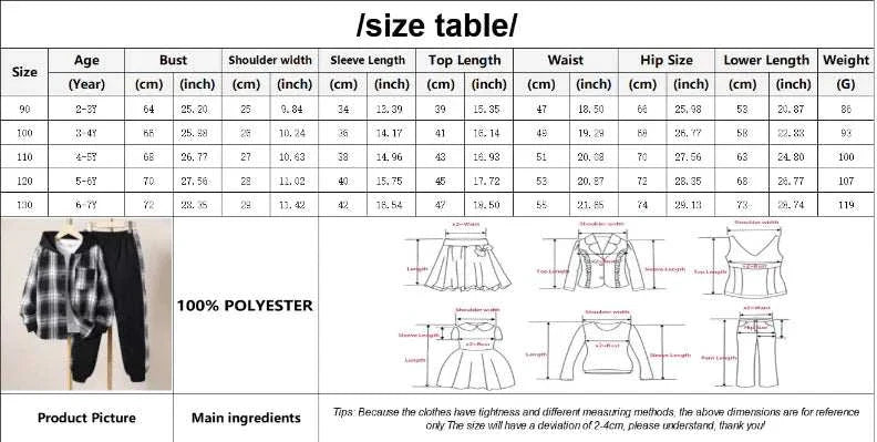 Size chart for Charming Toddler Outfits with measurements for ages 2-6 years, including bust, shoulder width, sleeve length, top length, waist, hip size, lower length, and weight.