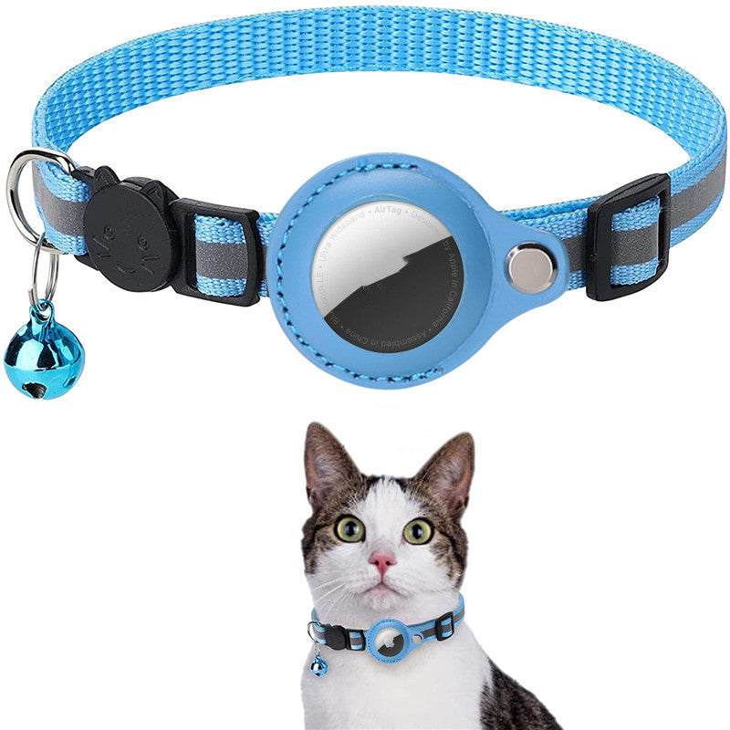 Reflective nylon collar with waterproof Airtag holder for pets in sky blue.