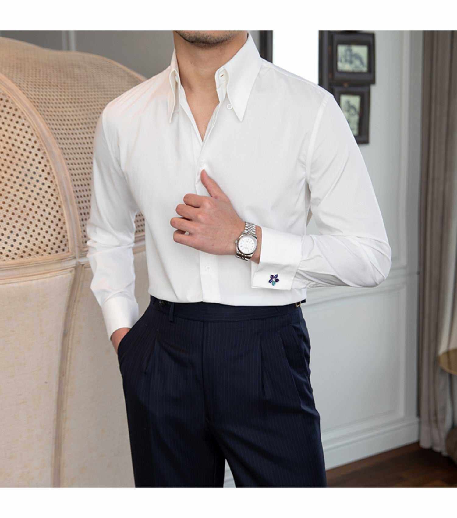 Big Pointed Collar Wrinkle Resistant Slim Fit Shirt in white with long sleeves and regular cuffs.