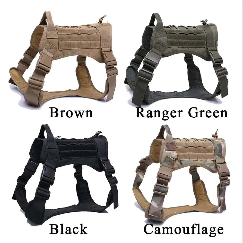 Nylon Tactical Dog Harness in brown, ranger green, black, and camouflage colors with handle and bungee leash for large dogs.