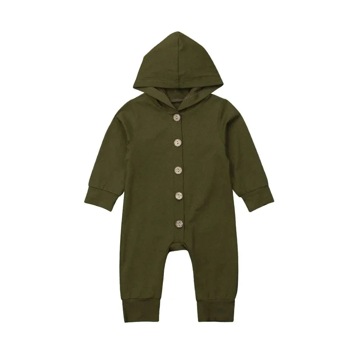 Baby Toddler Hooded Romper in olive, breathable cotton blend with button closure and long sleeves.