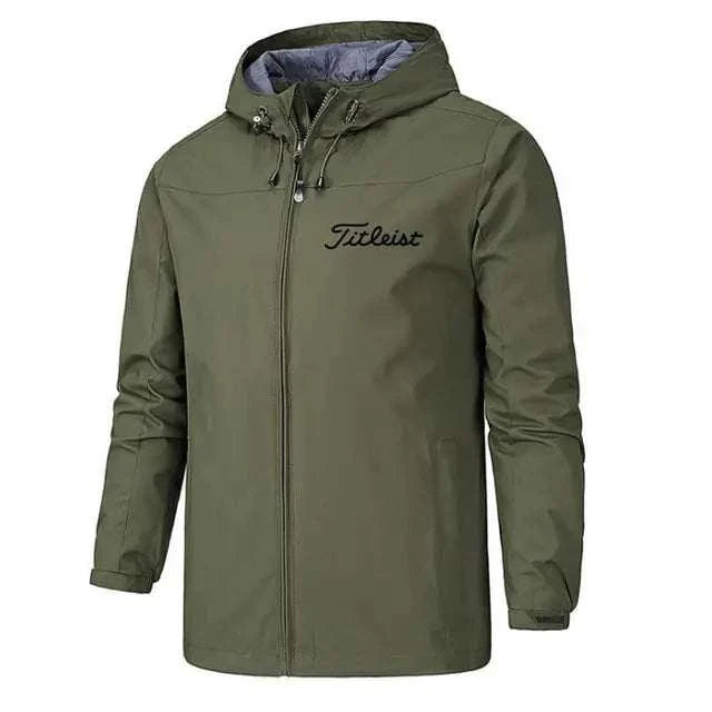 Men's waterproof windbreaker jacket with hood, green, stylish and lightweight, ideal for all seasons.