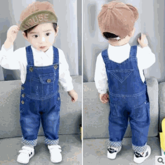 Toddler denim jeans jumpsuit with suspenders, perfect for boys aged 0-24 months, featuring a stylish and comfortable design for versatile wear.