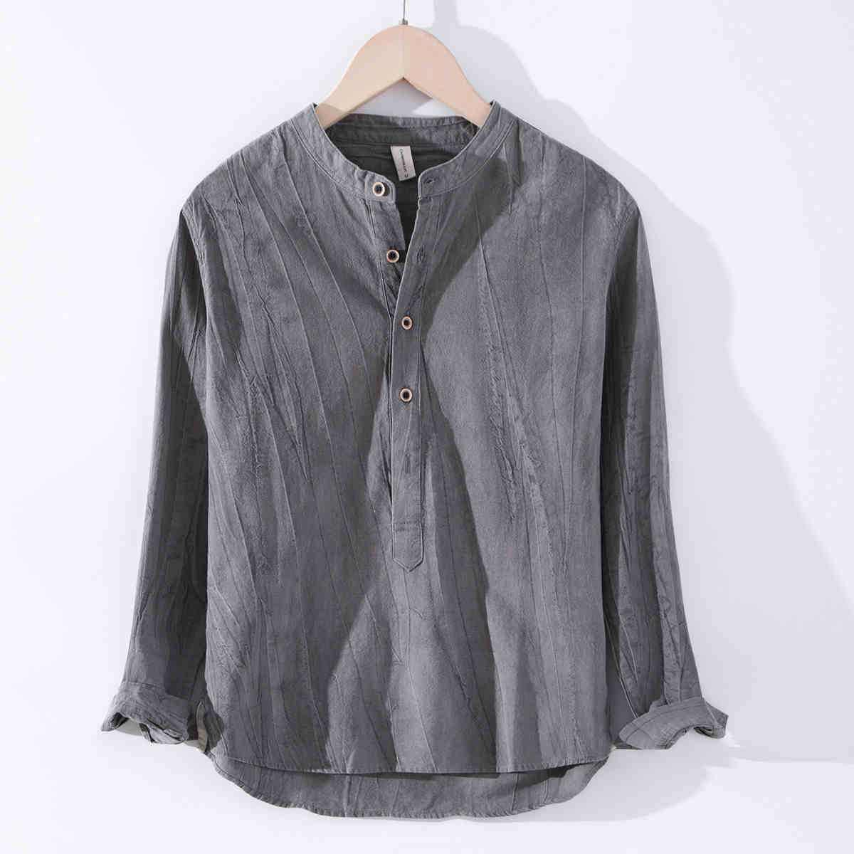 Linen shirt long sleeved stand up collar retro top jacket in dark grey.