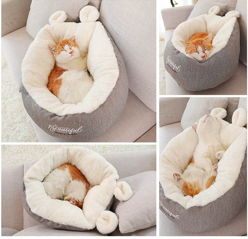 Cozy pet dog bed warming soft sleeping bag with cushion for puppies, made of cotton, shown in various angles.