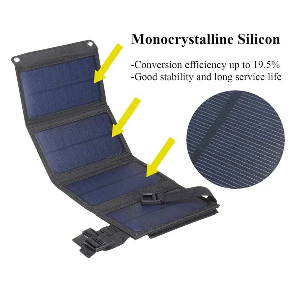 Waterproof foldable solar panel with monocrystalline silicon, 19.5% efficiency.