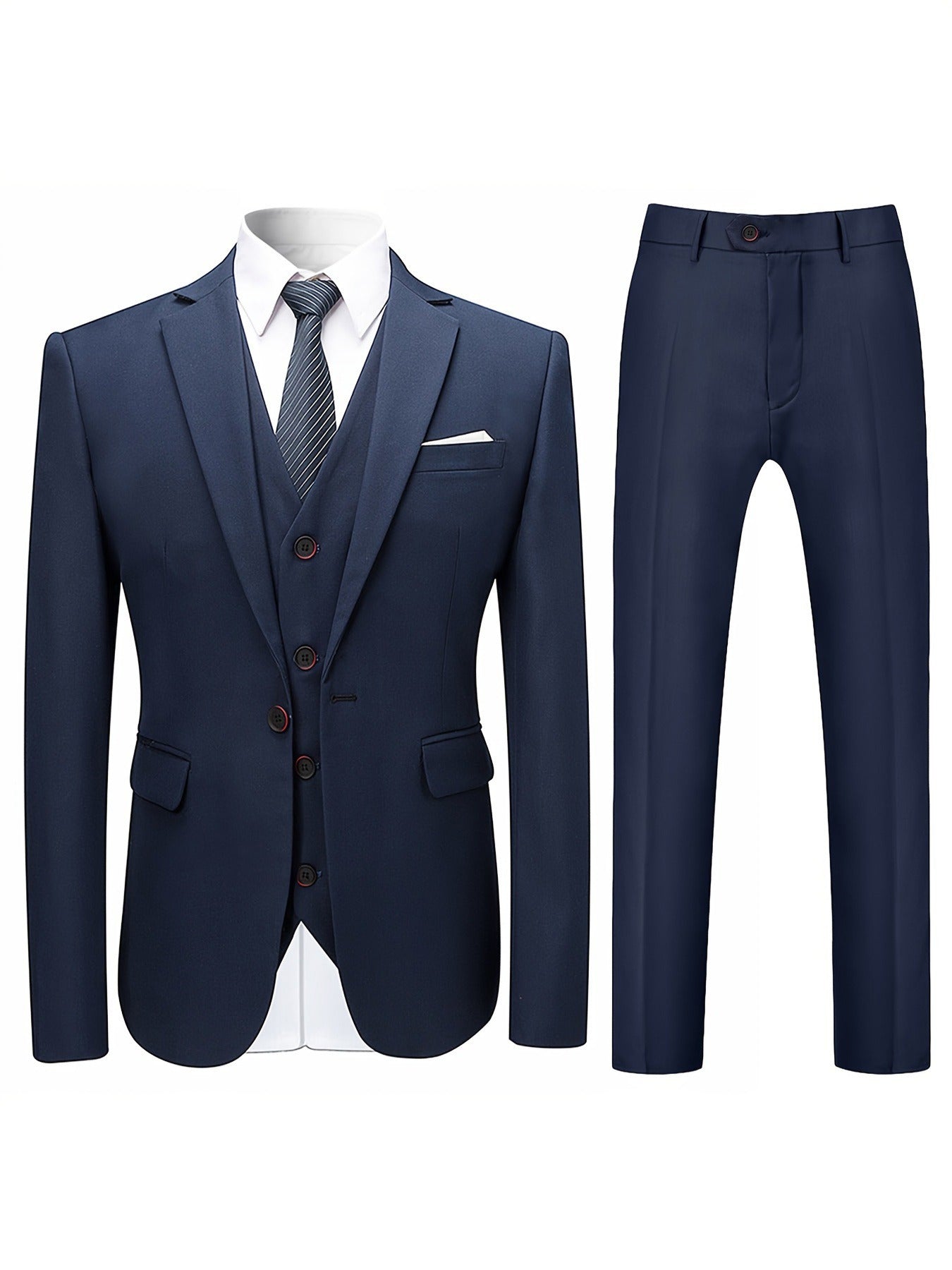 Elegant 3pc Mens Suit Set - Single-Button Blazer, Tailored Vest & Trousers - IdealExpress Global Mart  customizedMaterial:PolyesterDetails:PocketPattern:Solid colorSheer:NoFabric:Non-StretchCollar Style:LapelSeason:AllOperation Instruction:Dry cleanStyle:WorkFit Type:RegularTopElegant 3pc Mens Suit Set - Single-Button Blazer, Tailored Vest & TrouCartifind