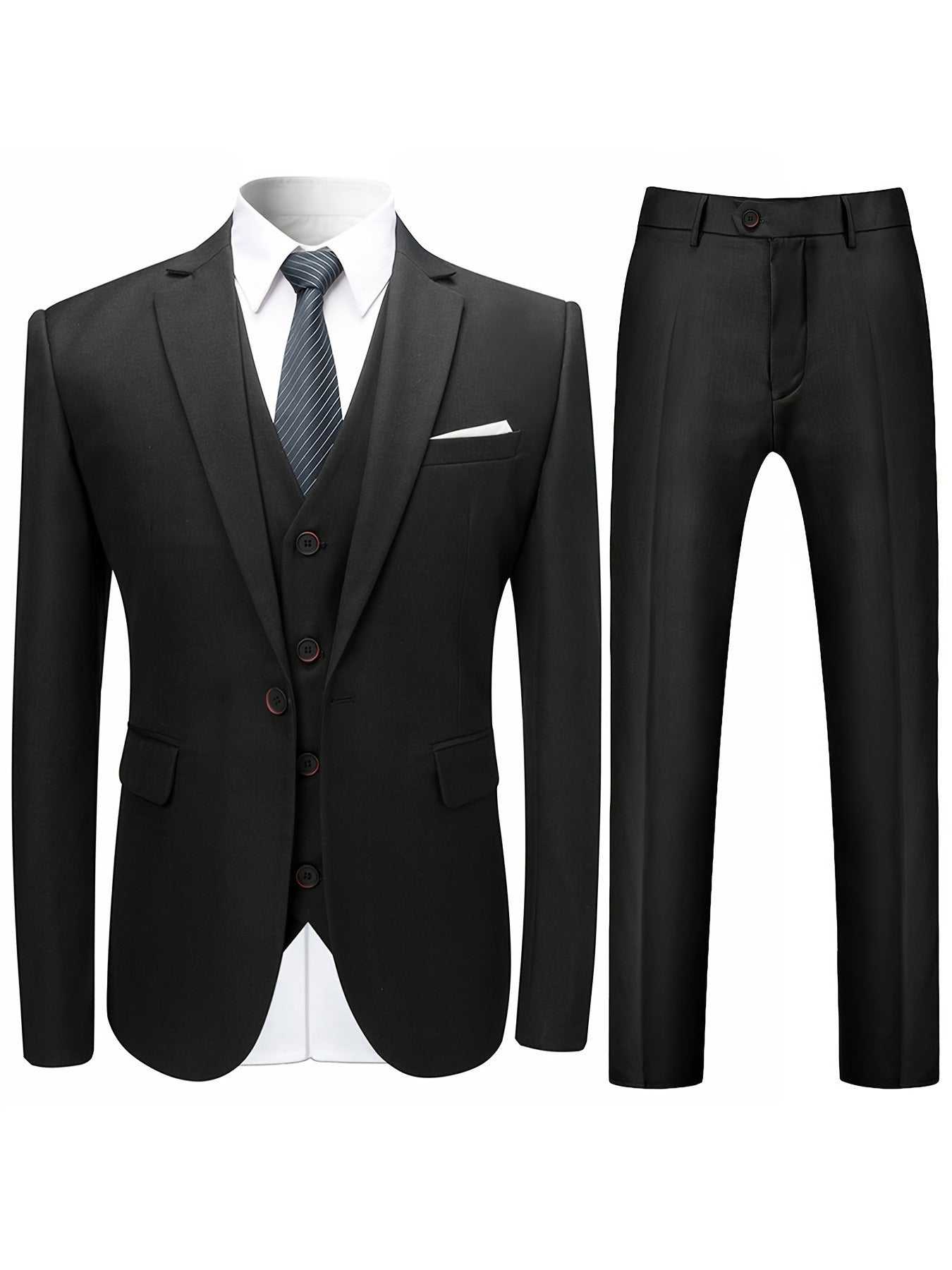 Elegant 3pc Mens Suit Set - Single-Button Blazer, Tailored Vest & Trousers - IdealExpress Global Mart  customizedMaterial:PolyesterDetails:PocketPattern:Solid colorSheer:NoFabric:Non-StretchCollar Style:LapelSeason:AllOperation Instruction:Dry cleanStyle:WorkFit Type:RegularTopElegant 3pc Mens Suit Set - Single-Button Blazer, Tailored Vest & TrouCartifind