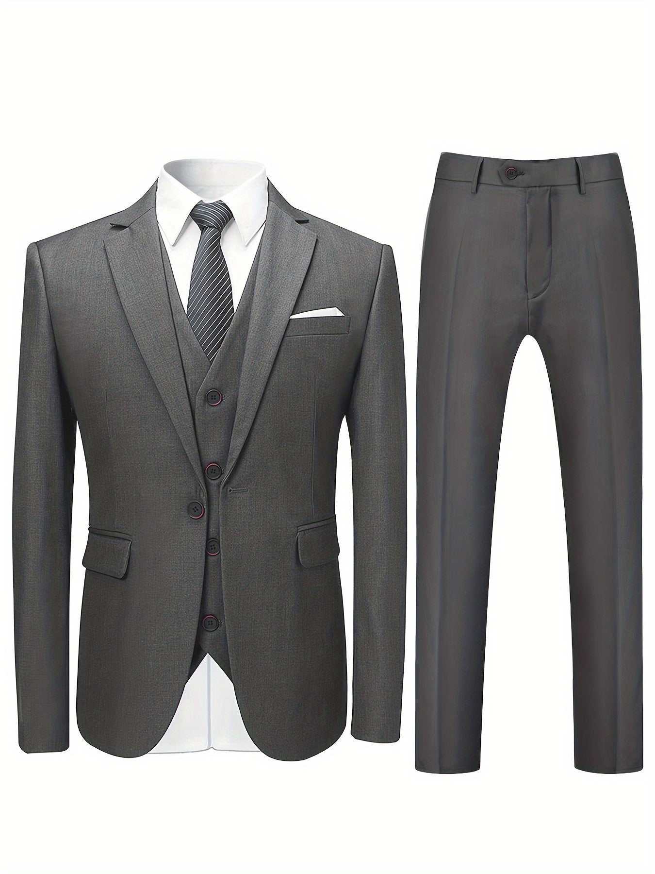 Elegant 3pc Mens Suit Set - Single-Button Blazer, Tailored Vest & Trousers - IdealExpress Global Mart  customizedMaterial:PolyesterDetails:PocketPattern:Solid colorSheer:NoFabric:Non-StretchCollar Style:LapelSeason:AllOperation Instruction:Dry cleanStyle:WorkFit Type:RegularTopElegant 3pc Mens Suit Set - Single-Button Blazer, Tailored Vest & TrouCartifind