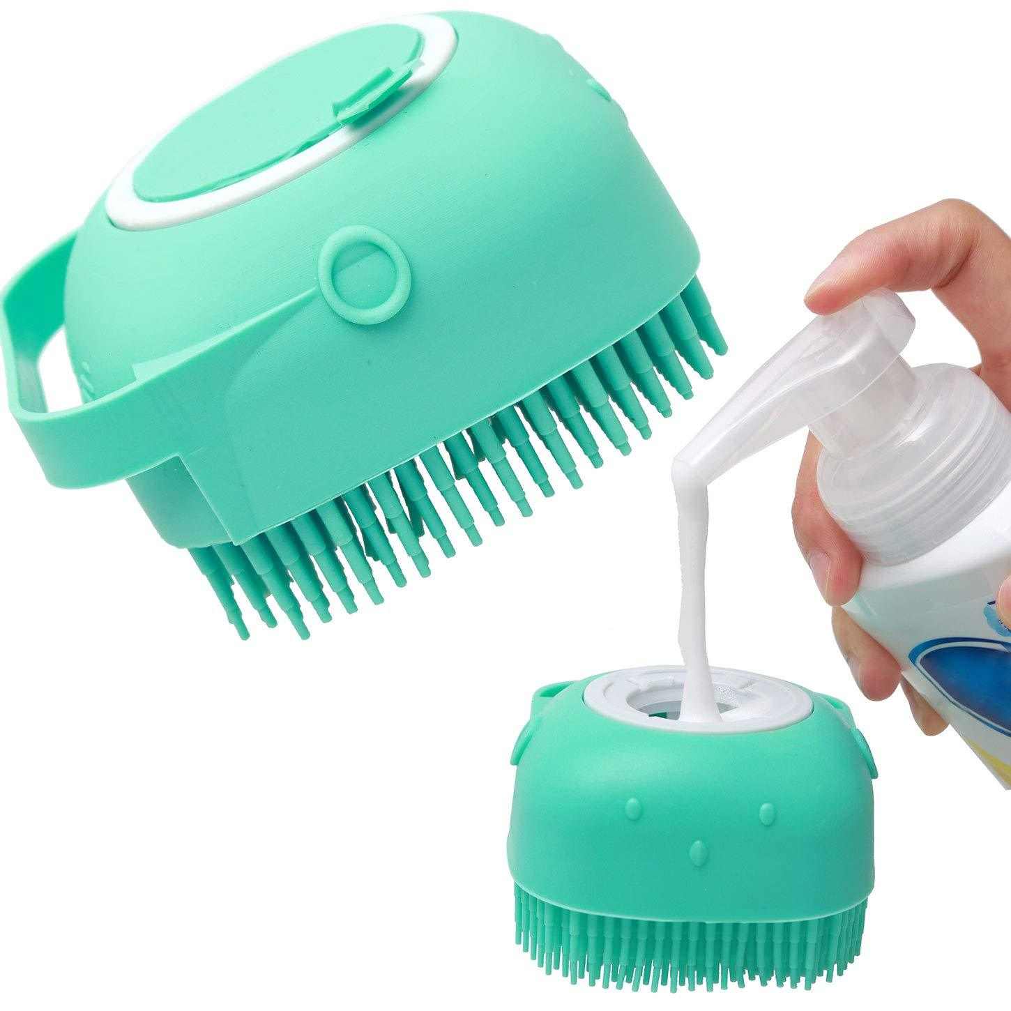 Pet dog shampoo massager brush with silicone bristles for bathing and grooming.