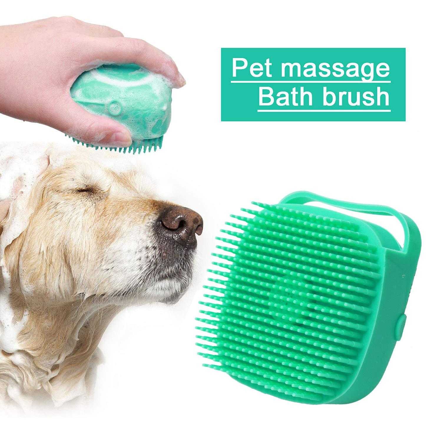 Pet dog shampoo massager brush with soft silicone bristles for bathing and grooming.