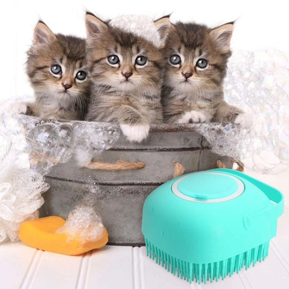 pet grooming silicone shampoo massager brush with kittens in basket