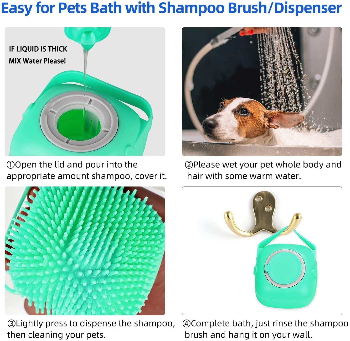 Pet shampoo massager brush with soap dispenser for easy pet bathing.