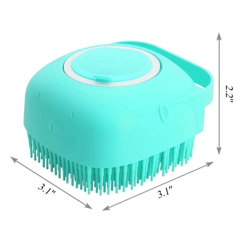 Silicone pet grooming scrubber with soap dispenser for bathing, compact design.