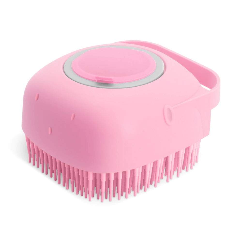 Pink silicone pet dog shampoo massager brush for grooming and bathing with soft bristles.