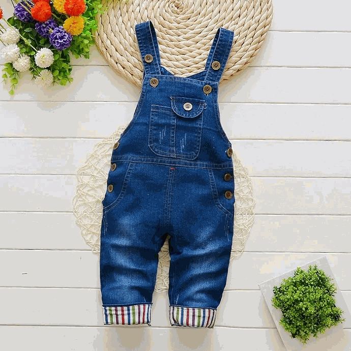 IENENS toddler boys' denim overalls jumpsuit in classic blue with adjustable straps and pocket detail, suitable for 0-24 months.