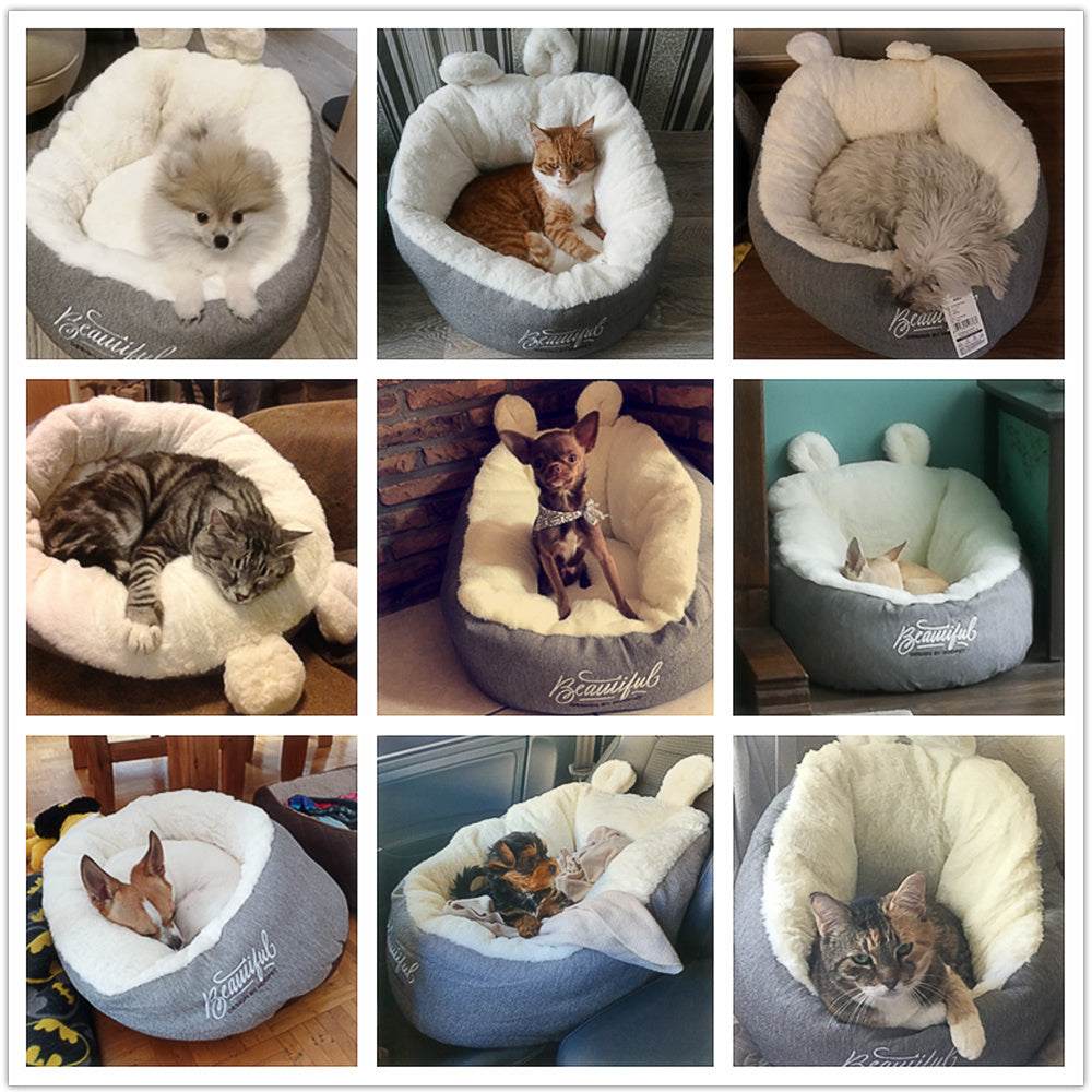 Warming pet dog bed with soft cushion, suitable for puppies and cats, made of cotton.