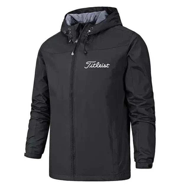 Men's black waterproof windbreaker jacket with hood, designed for rain and wind protection.