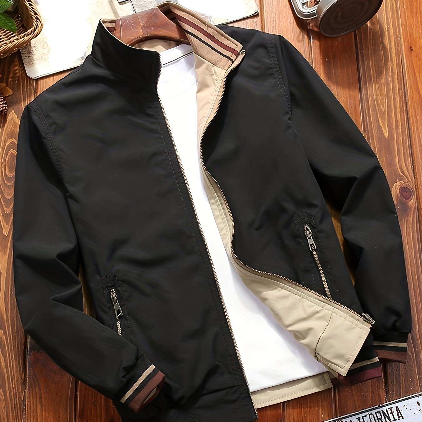 Mens Reversible Solid Color JacketExpress Global Mart  customizedProduct Description:
Alright, picture this: You're vibin' through the streets or chillin' with your squad, and you're rockin' the most versatile drip around—a Men's Mens Reversible Solid Color Jacket with Pocketsb0d141-b8