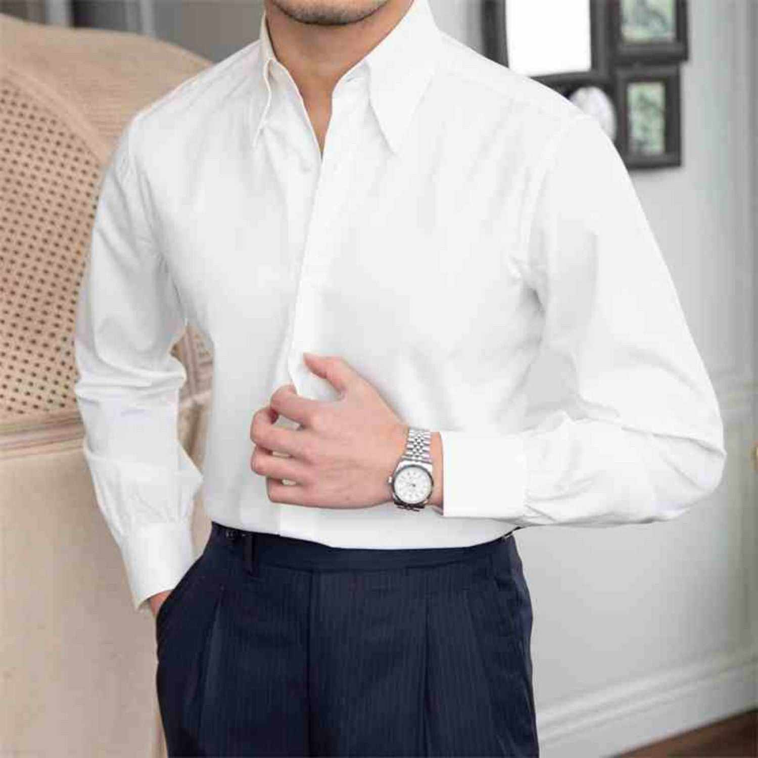 Big Pointed Collar Wrinkle Resistant Slim Fit Shirt in white with long sleeves, featuring non-ironing fabric, worn by model.