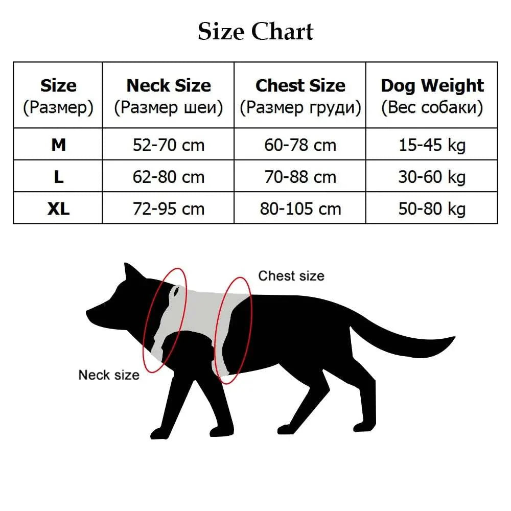 Size chart for Nylon Tactical Dog Harness showing neck size, chest size, and dog weight for M, L, and XL sizes.