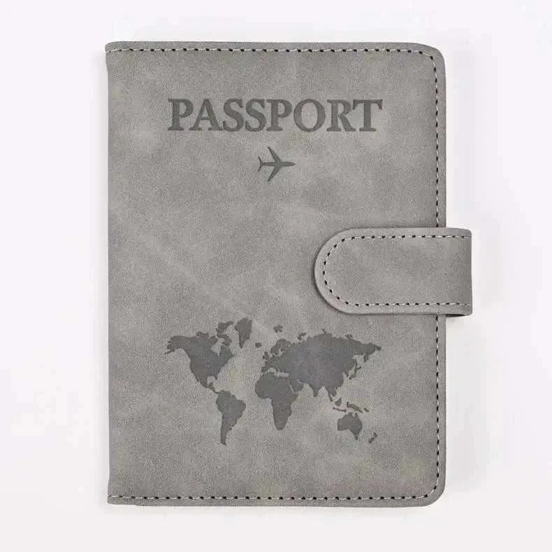 PU Leather Passport and Card Holder in grey with world map design.