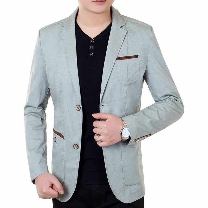 Young and middle-aged men's business casual one-piece suit jacket in light blue, solid color, no pocket, straight version, polyester fabric.