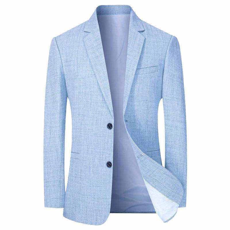 Young men's light blue business casual suit jacket with a solid color design and polyester lining.