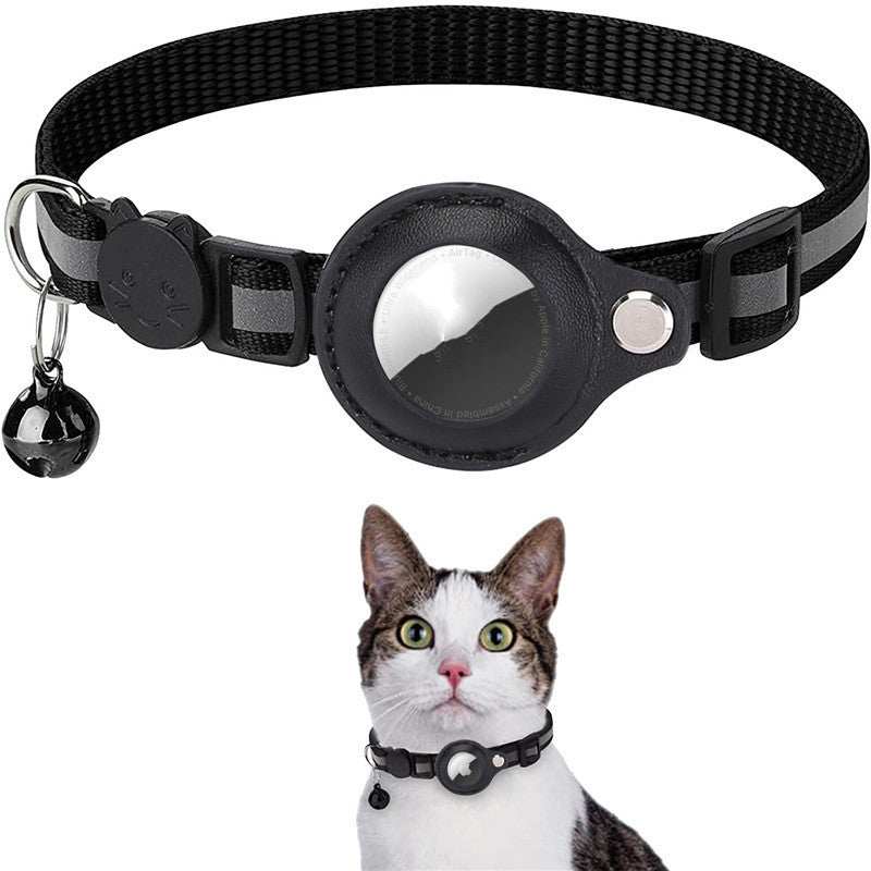 Reflective nylon collar with waterproof Airtag holder for pets, black.