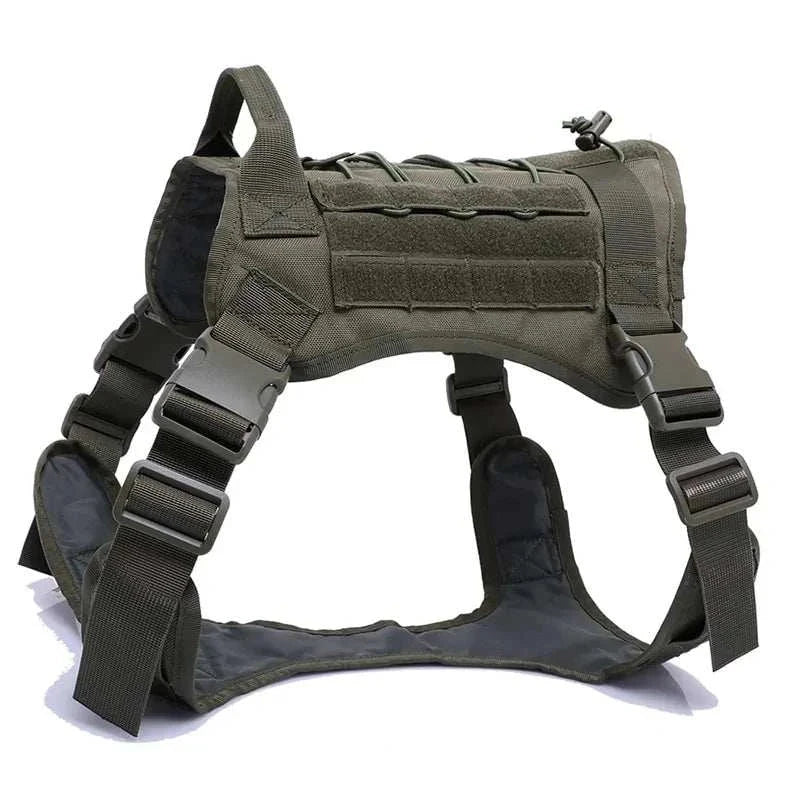 Nylon tactical dog harness for large dogs with handle and bungee leash in green.