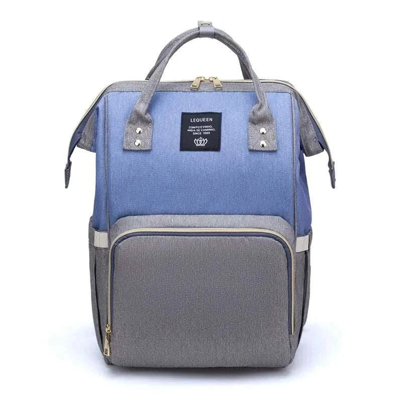 Fashion Maternity Nappy Bag with blue and gray design, spacious compartments, and durable construction.