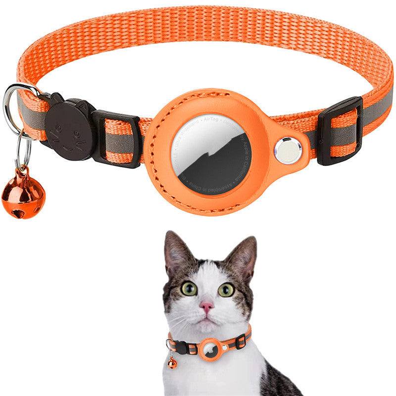 Reflective orange Airtag holder collar for cats and dogs with bell, waterproof nylon material.