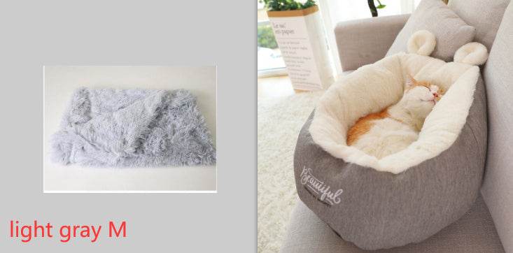 Light gray pet dog bed warming soft sleeping bag cushion shown with cat lying inside.