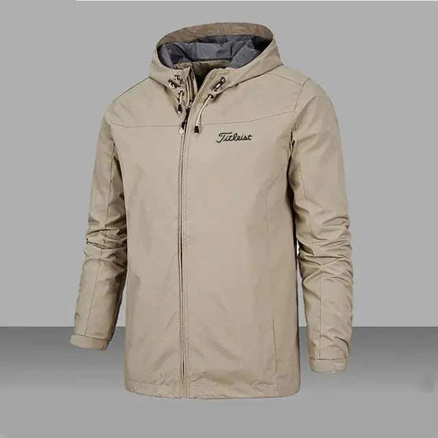 Men's waterproof windbreaker jacket in beige, ideal for outdoor activities and stylish all-season wear.