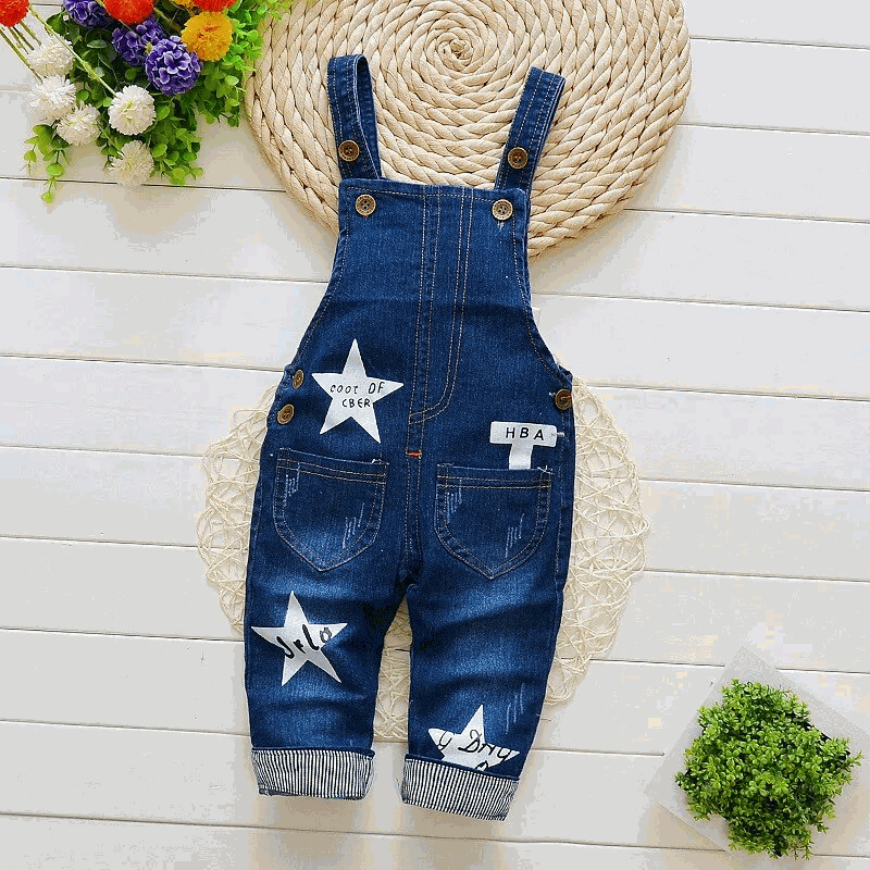 Toddler denim jeans jumpsuit with star patches and adjustable straps, perfect for playdates and casual outings.