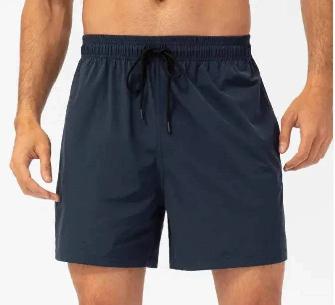 Men's casual running shorts with elastic waistband and drawstring in navy blue.