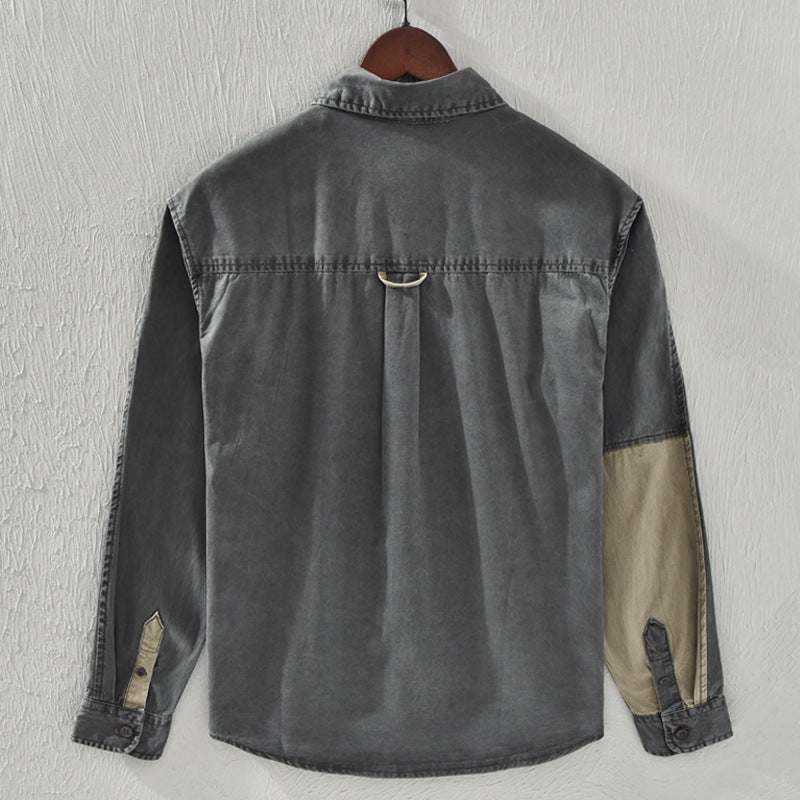 Color contrast patchwork workwear shirt for men in gray and khaki, loose fit, long sleeve.