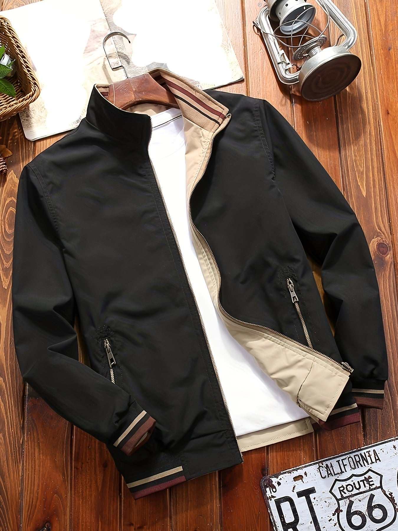 Mens Reversible Solid Color JacketExpress Global Mart  customizedProduct Description:
Alright, picture this: You're vibin' through the streets or chillin' with your squad, and you're rockin' the most versatile drip around—a Men's Mens Reversible Solid Color Jacket with Pocketsb0d141-b8