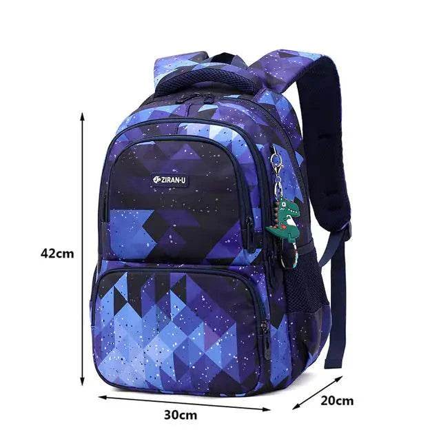 Teenager School Bag with trendy purple geometric design, spacious compartments, and comfortable straps.