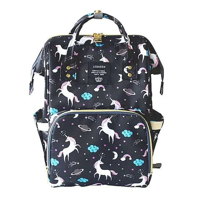 Fashion maternity nappy bag with unicorn print, spacious compartments, and insulated bottle holders for stylish organization.