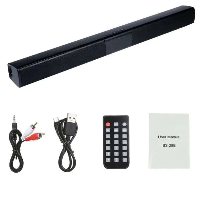 Home theater wireless sound bar with accessories including cables, remote control, and user manual.