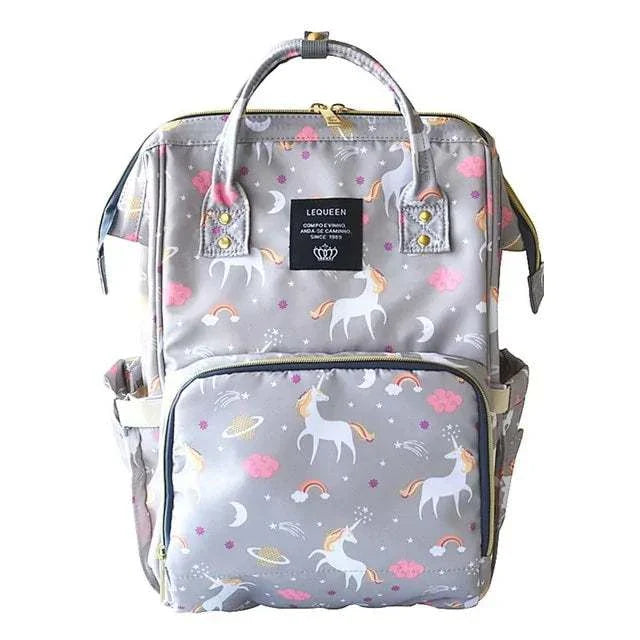 Fashion maternity nappy bag with unicorn print, multiple pockets, and durable design.