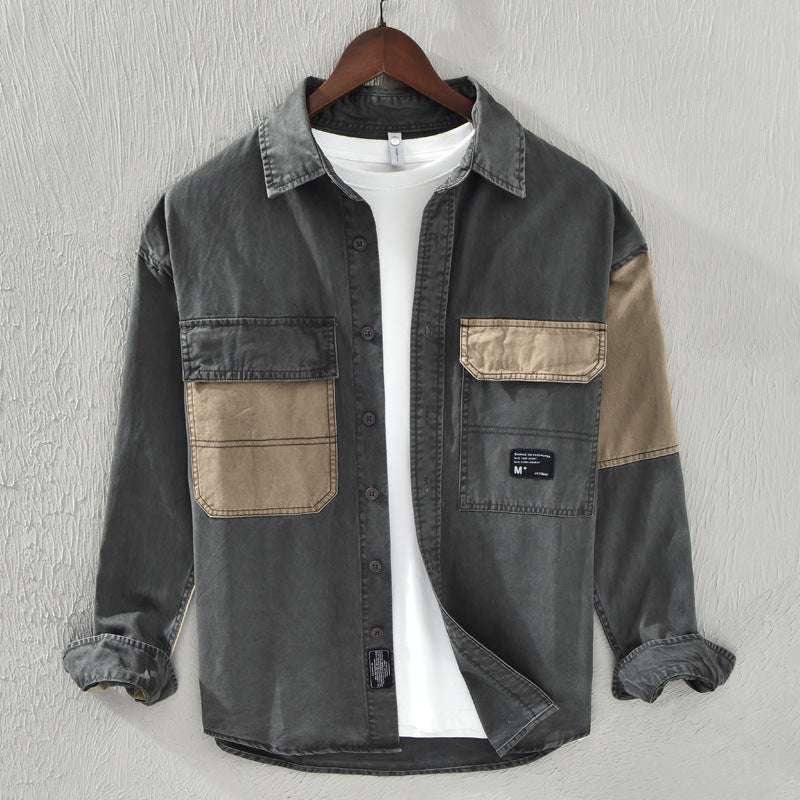 Men's color contrast patchwork workwear shirt in army green with long sleeves.