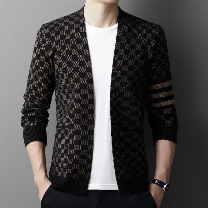 Autumn men's V-neck plaid sweater in dark coffee color, long sleeves, middle-aged Korean style.