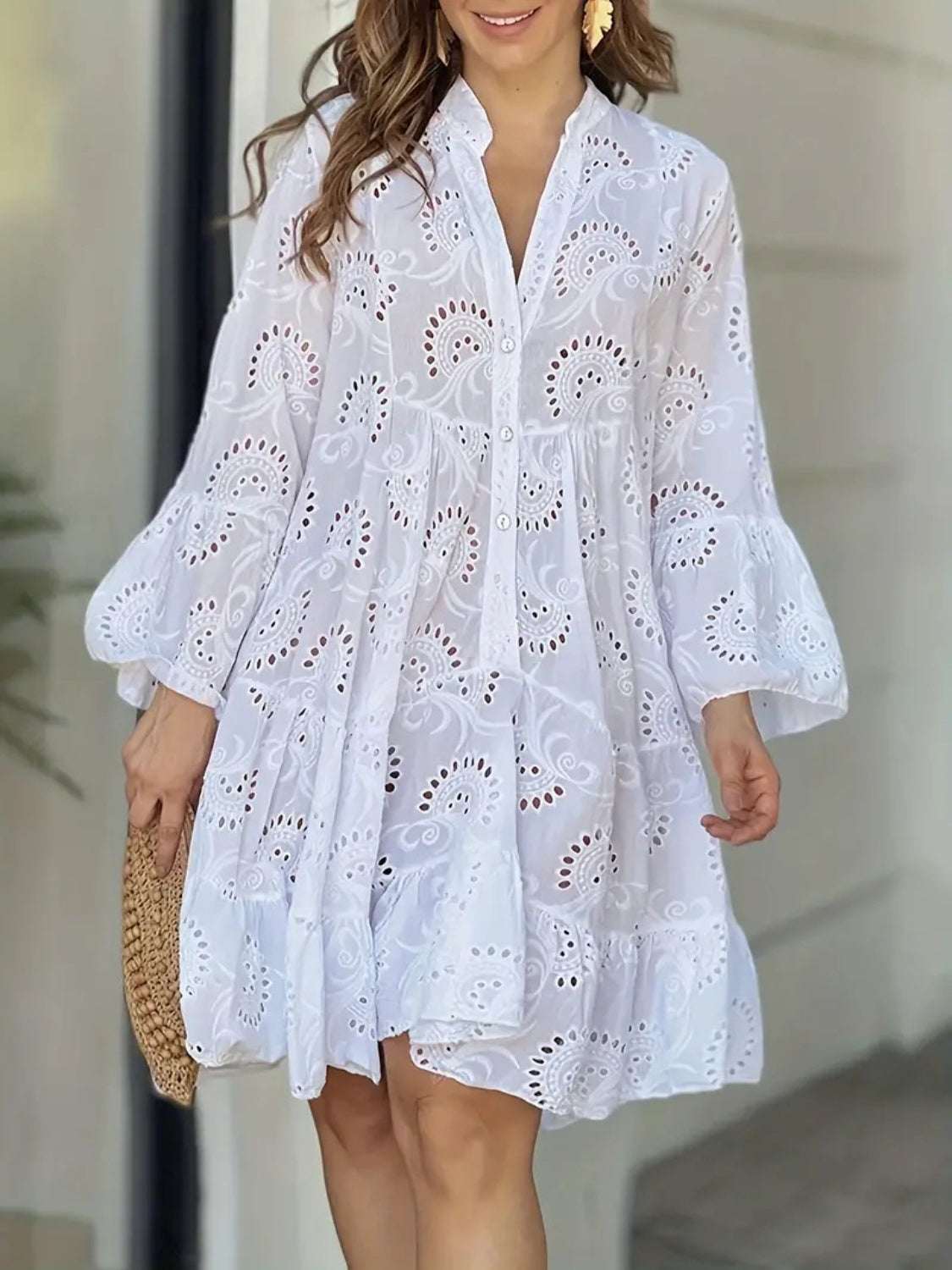 Ruffle Hem Eyelet Notched Long Sleeve DressExpress Global Mart  Features: Buttoned
Sheer: Semi-sheer
Stretch: No stretch
Body: Lined
Material composition: 100% polyester
Care instructions: Machine wash cold. Tumble dry low.
ImporRuffle Hem Eyelet Notched Long Sleeve DressTrendsi