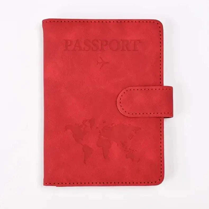 Red PU Leather Passport and Card Holder with map design, secure strap closure.