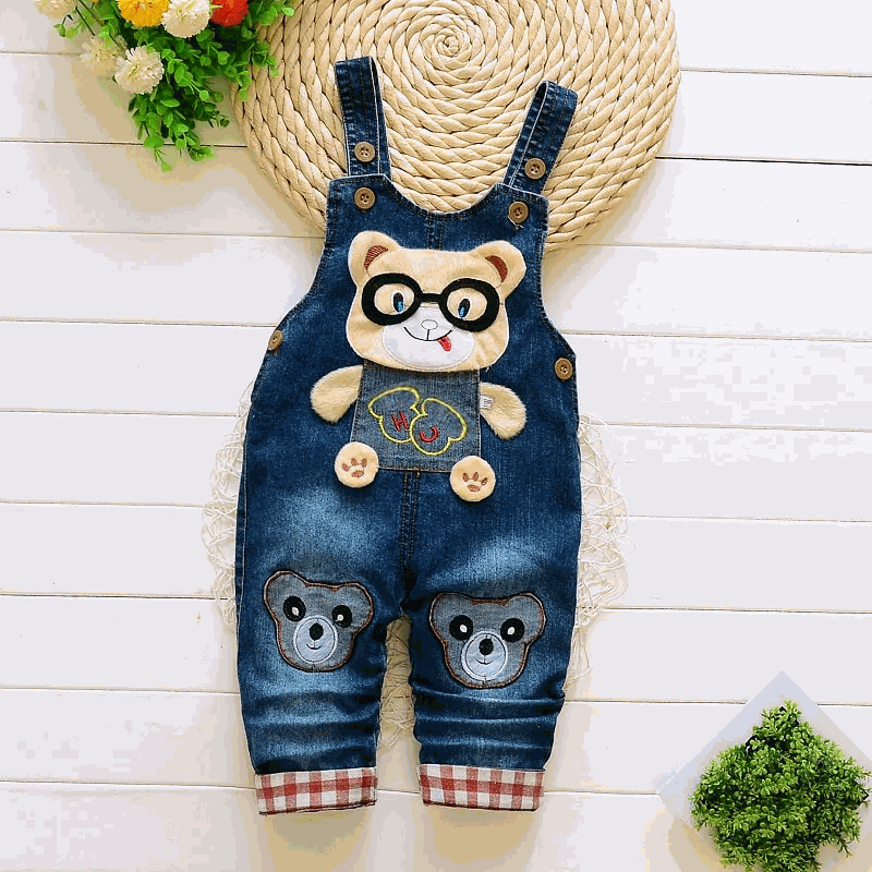 IENENS toddler boys' denim overalls jeans jumpsuit with bear design, ideal for style and comfort.