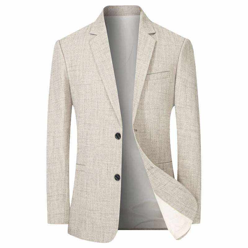 Young men's business casual suit jacket in light beige, solid color design, regular length, polyester blend fabric, suitable for leisure wear.