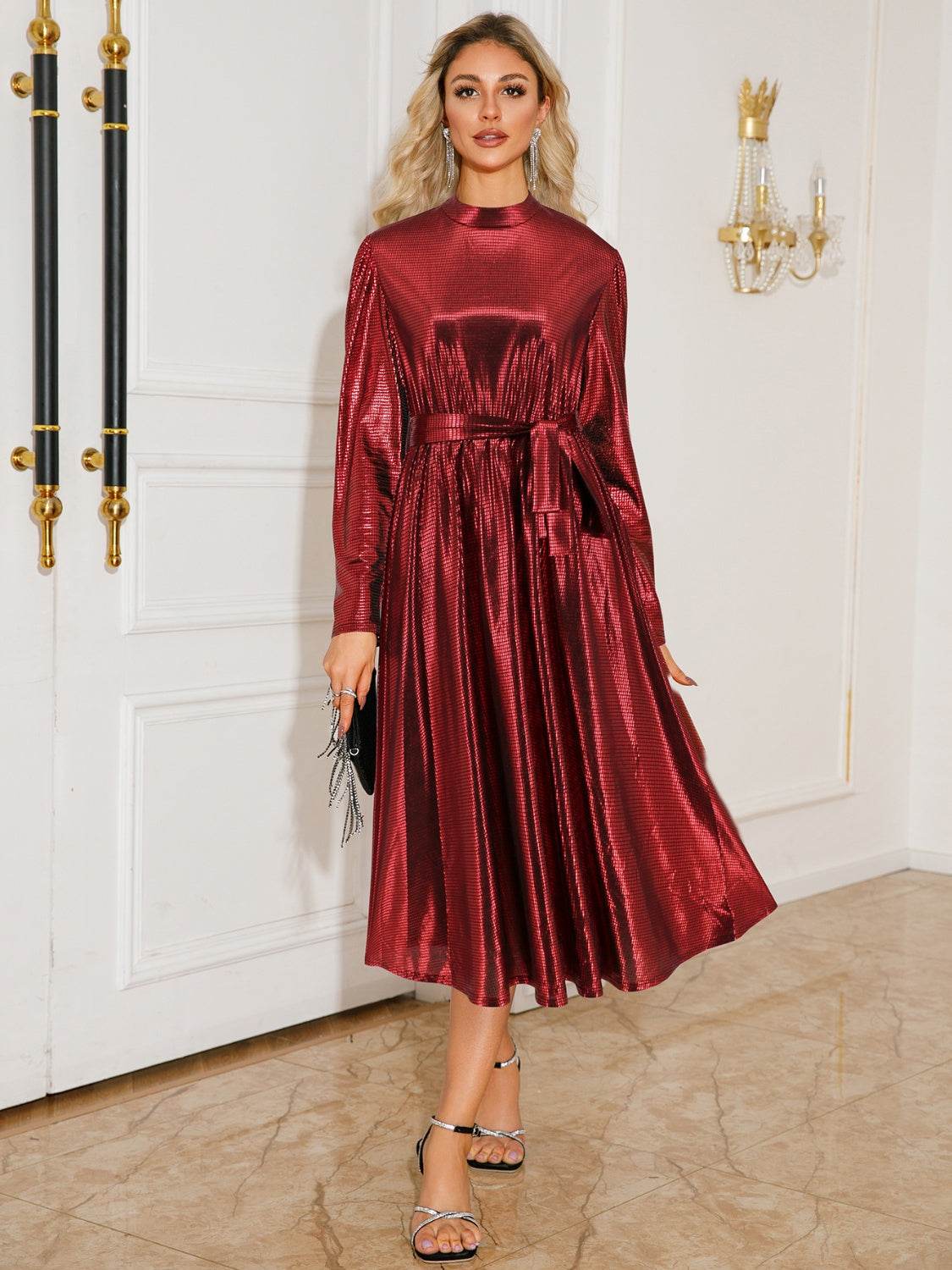 Tie Waist Long Sleeve Midi DressExpress Global Mart  Long Sleeve DressFeatures: Tied
Sheer: Opaque
Stretch: No stretch
Body: Not lined
Material composition: 100% polyester
Care instructions: Machine wash cold. Tumble dry low.
Imported
Tie Waist Long Sleeve Midi DressTrendsi